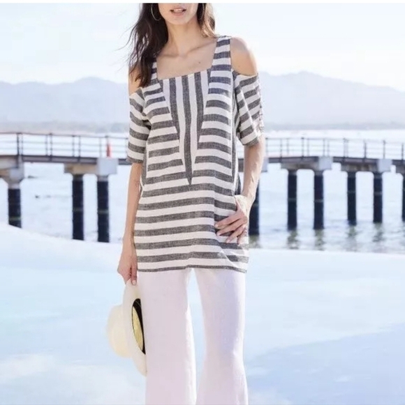 Soft Surroundings Women's Sunset Striped Cold Shoulder Linen Tunic sz Small - Picture 12 of 14